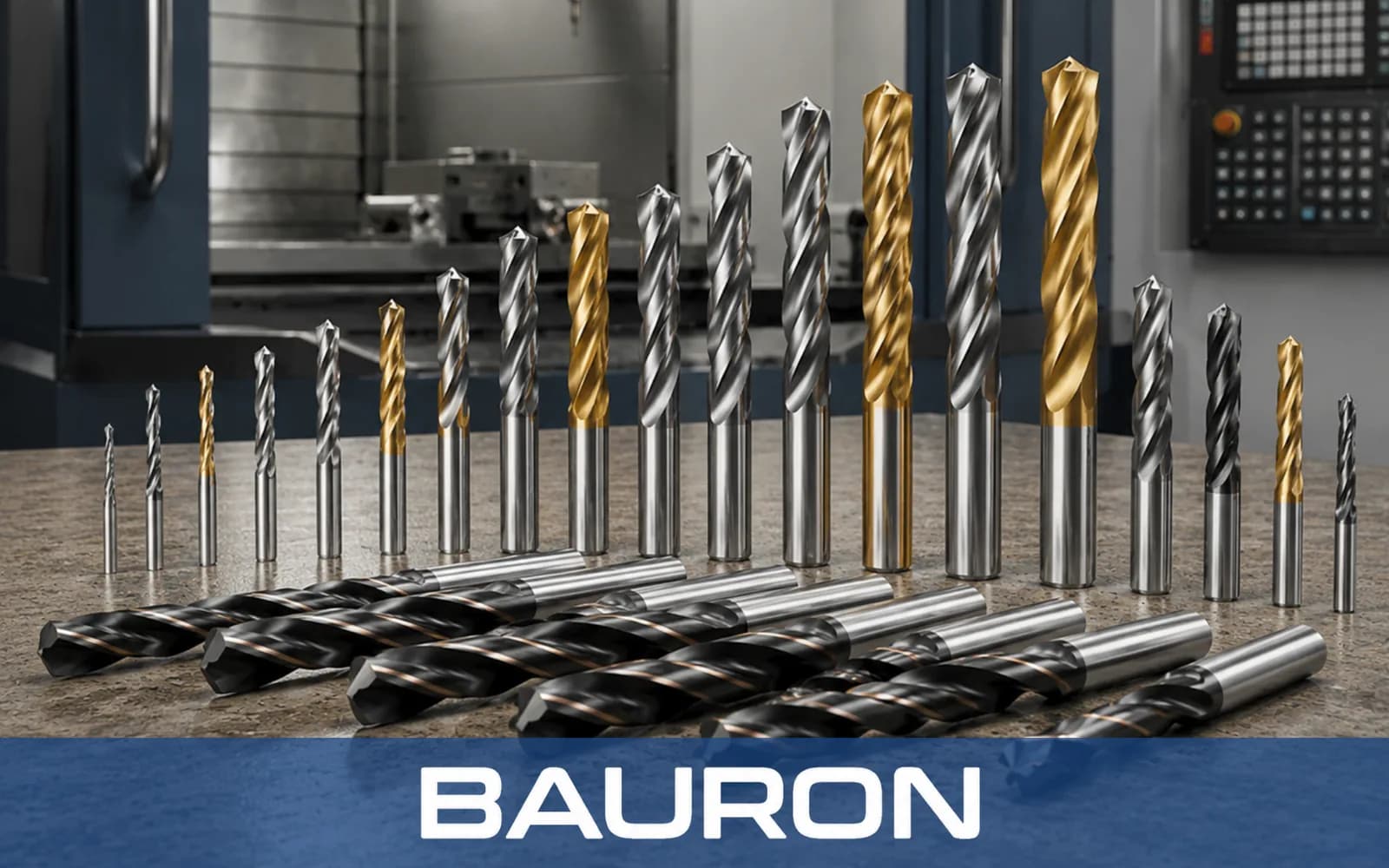 Auswahl beschichteter und unbeschichteter Hartmetallbohrer vor einer CNC-Maschine