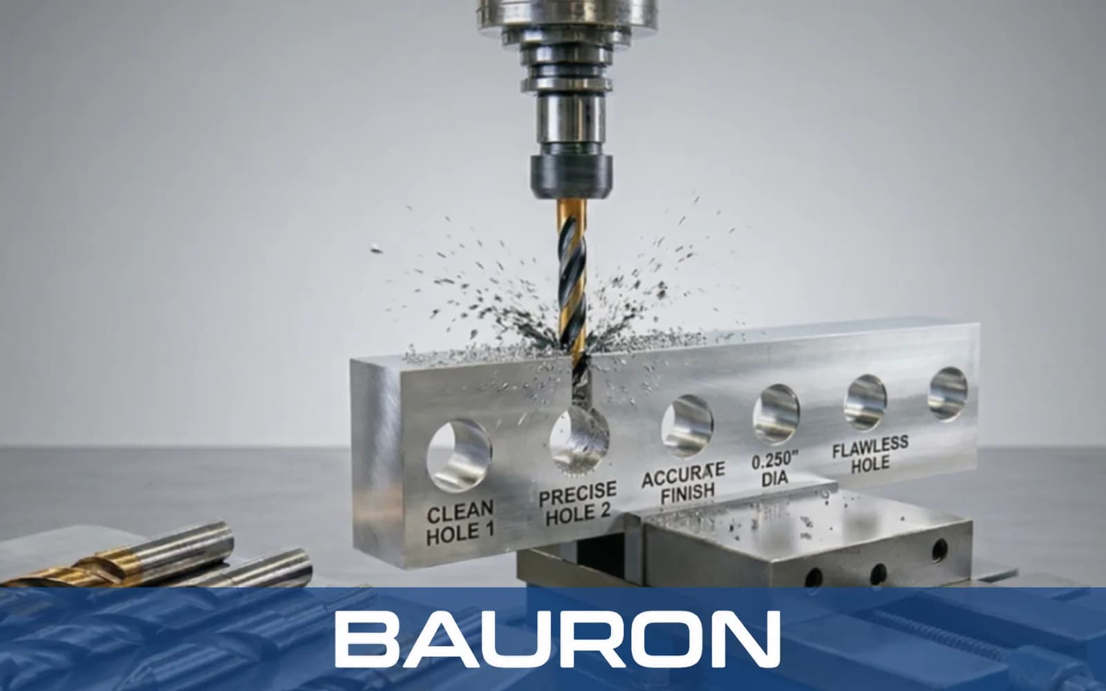 Bohrer beim präzisen Bohren eines Aluminiumblocks mit fliegenden Spänen