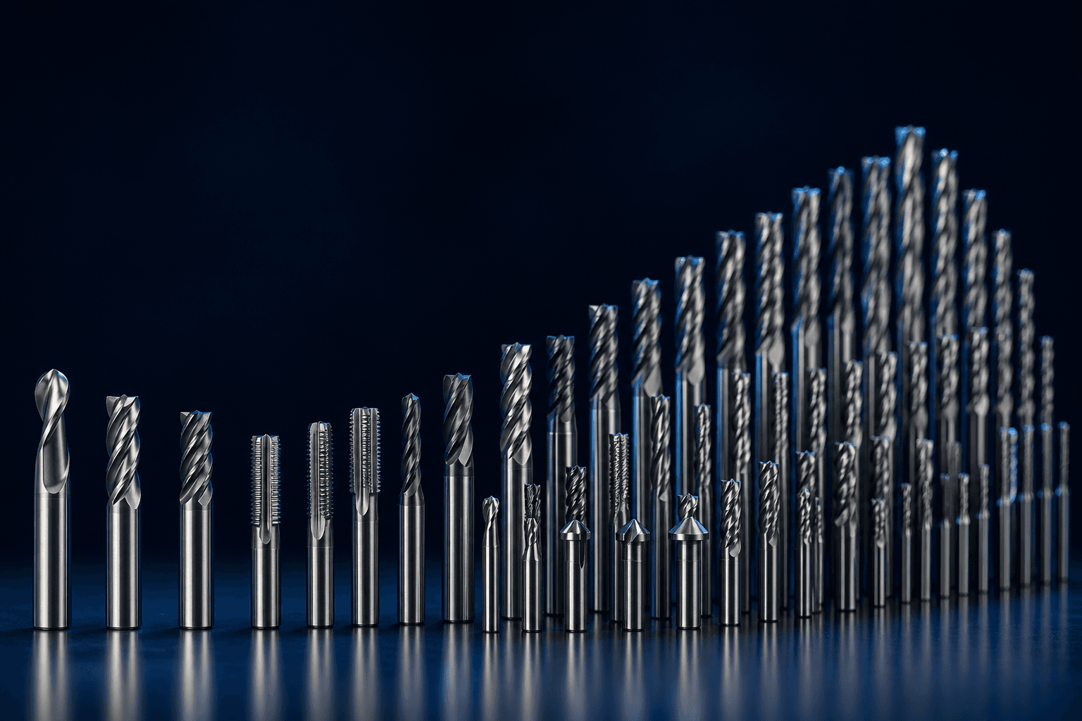 Metallische CNC-Schneidwerkzeuge, von wenigen bis zu vielen angeordnet, als Sinnbild für skalierbare Produktion von Klein- bis Großserien