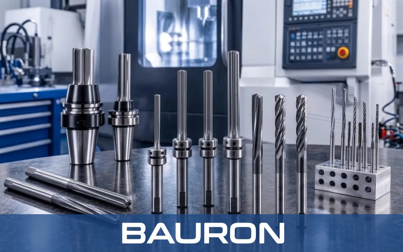 Reibahlen und Werkzeughalter auf einer Werkbank in einer CNC-Werkstatt