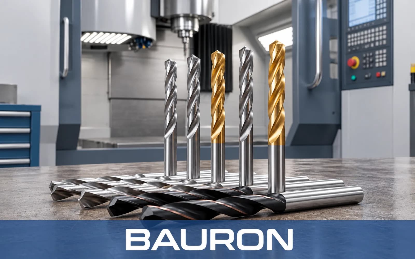 Unbeschichtete und TiN-beschichtete Hartmetallbohrer auf dem Tisch eines CNC-Bearbeitungszentrums