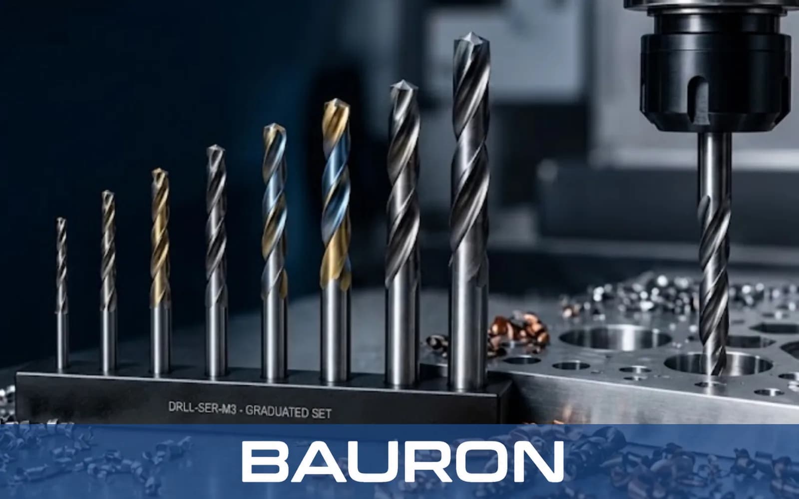 Abgestufter Bohrersatz neben einer CNC-Spindel, die eine Aluminiumplatte bohrt
