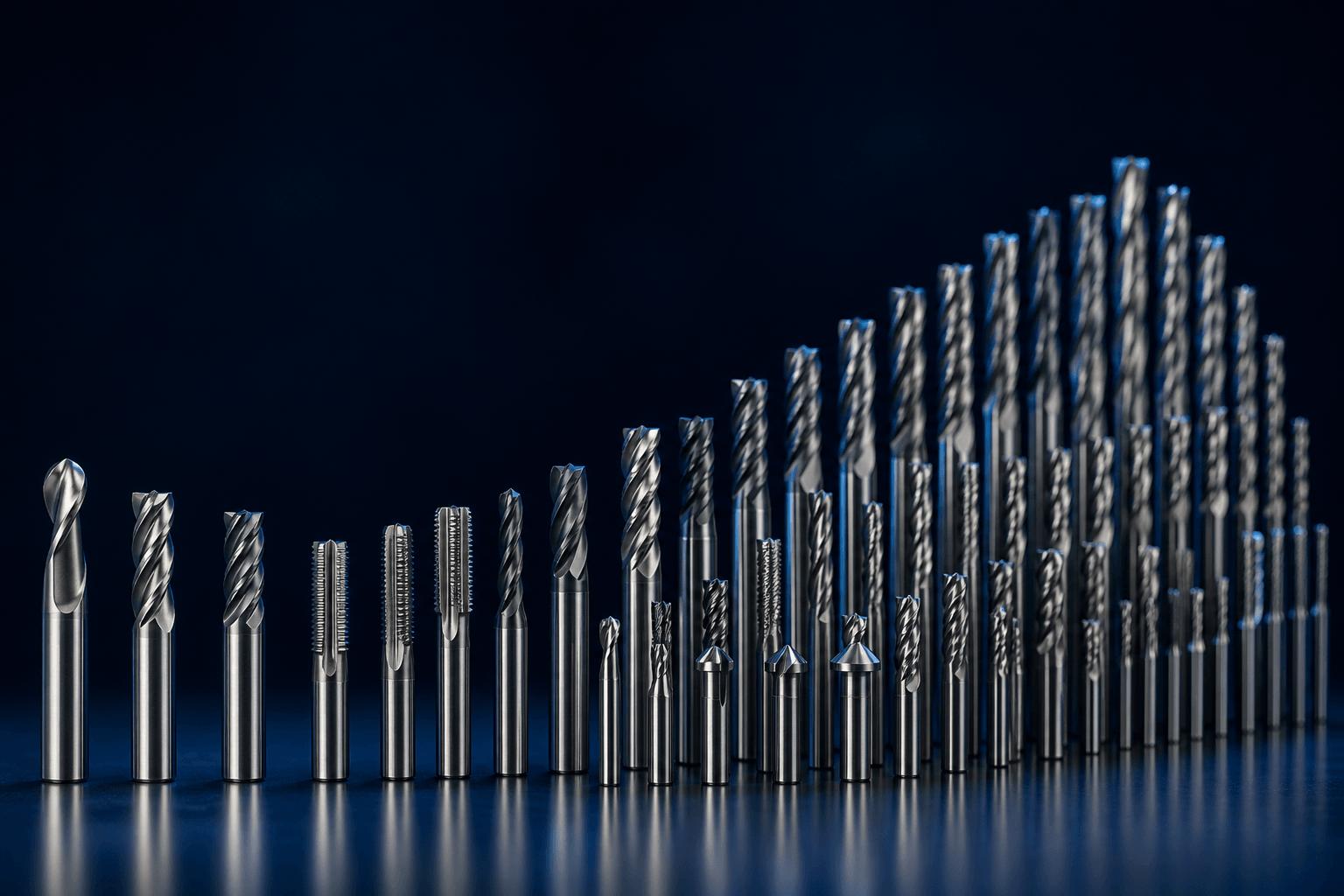 Metallische CNC-Schneidwerkzeuge, von wenigen bis zu vielen angeordnet, als Sinnbild für skalierbare Produktion von Klein- bis Großserien
