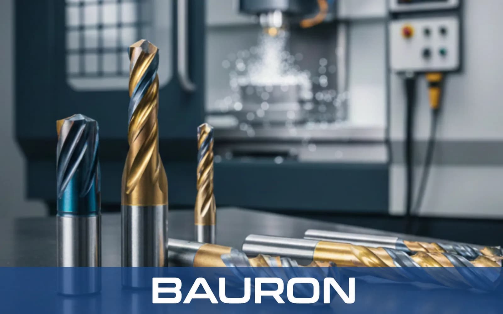 Beschichtete Hartmetallfräser auf einem Tisch vor einer CNC-Maschine mit Kühlmittelstrahl